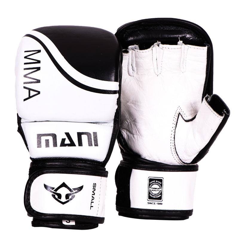 MMA Padded Leather Grappling sparring Gloves Black/ White Mani Sports®