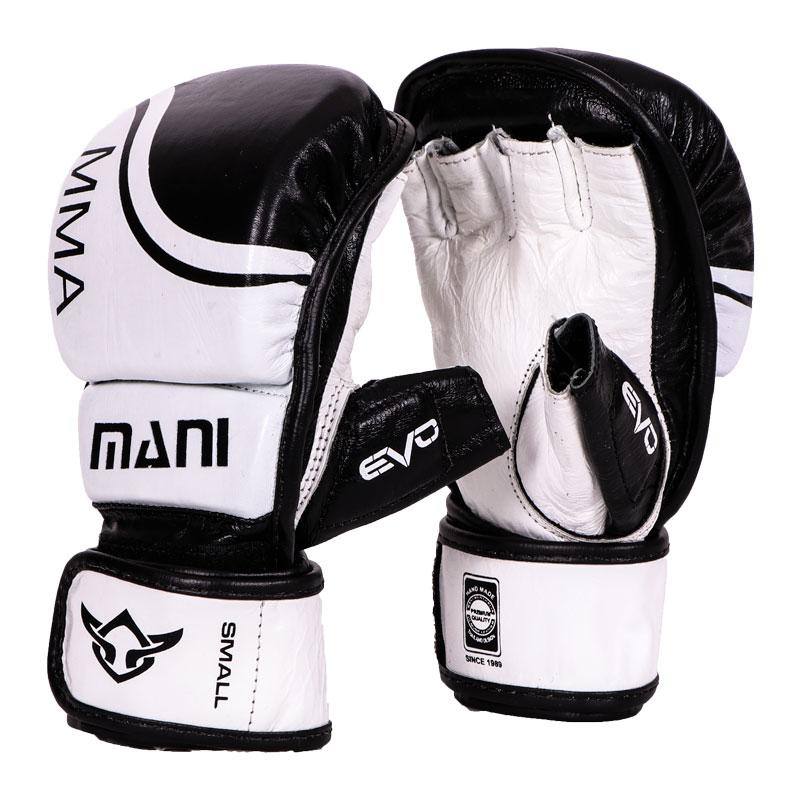 MMA Padded Leather Grappling sparring Gloves Black/ White Mani Sports®